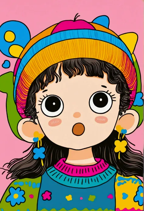 cartoon stick figure：close-up of a little child wearing a colorful sweater and hat, digital art inspired by hikari shimoda, cg s...