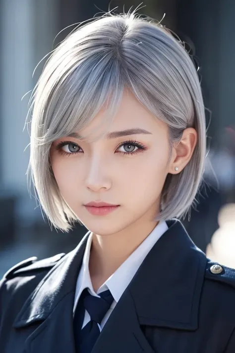 woman　Silver hair, gray eyes, long, single eyelids, short hair　jacket（Navy）uniform（black）