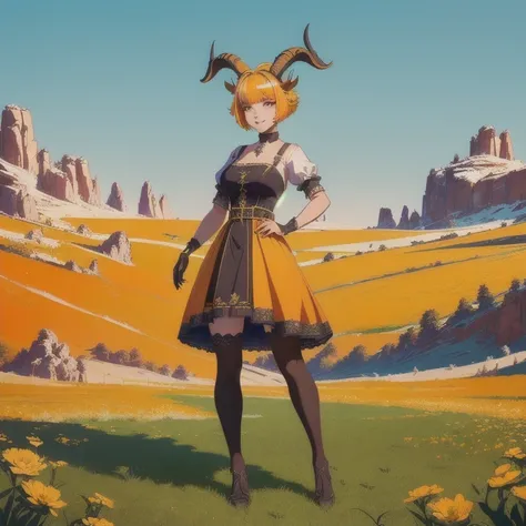 a sátiro with goat horns, animal ears, hooves, standing alone in a field, 1 girl, yellow bob hairstyle, happy expression, full body, detailed face, extremely detailed eyes and face, orange eyes, highres, best quality, 8k, cinematic lighting, fantasy art, s...