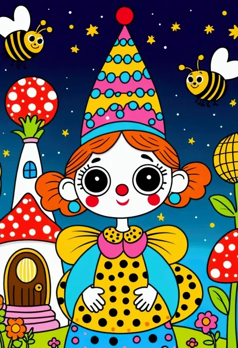 cartoon clown queen,  Queen Bee，Beehive House，Coloring Pages, Drawn in a whimsical style, Color illustrations, Coloring Pages, Flower Prince, Coloring