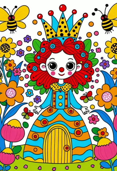 cartoon clown queen,  Queen Bee，Beehive House，Coloring Pages, Drawn in a whimsical style, Color illustrations, Coloring Pages, Flower Prince, Coloring