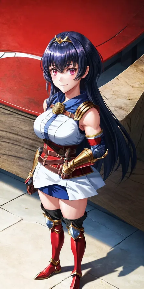 full body, Miria, RED breastplate, looking at viewer, shiny, armor, thighhighs, high boots,shoulder armor, faulds, poleyn, gloves, gauntlets, rerebrace armored boots, pauldrons,(masterpiece, best quality, ultra-detailed, best shadow) pointy ears, muscular ...