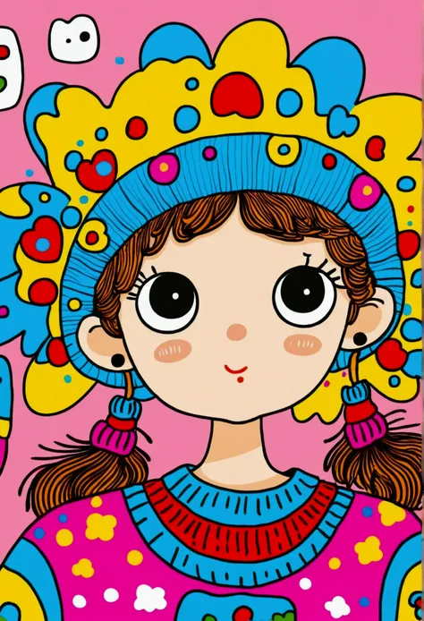 Cartoon stick figure：Close-up of a little child wearing a colorful sweater and hat, Digital art inspired by Hikari Shimoda, cg Social Hotspot, Toyism, Cute, colorful and adorable, Colorful and fashionable, Innocent expression. rich and vivid colors, Cute y...