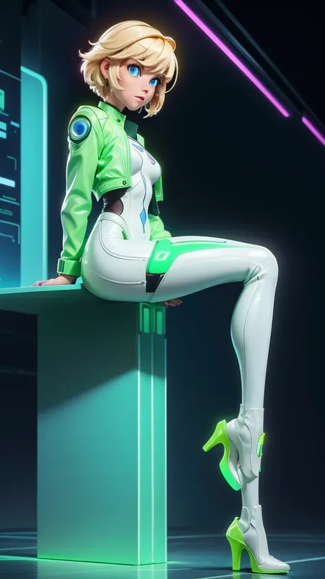 1girl, solo, cyberpunk city night background,   wattson, masterpiece, highly detailed, blue eyes, blonde hair, short hair, Fluorescent green jacket, Rubber Gloss, white rubber skinsuit, Yellow shoes,  white pants,  seated or standing with one leg extended ...