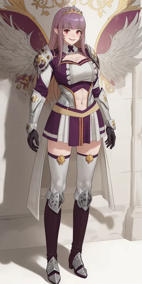 full body, maria fianna, red breastplate, looking at viewer, shiny, armor, thighhighs, high boots,shoulder armor, faulds, poleyn...