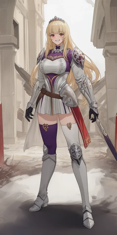 full body, maria fianna, red breastplate, looking at viewer, shiny, armor, thighhighs, high boots,shoulder armor, faulds, poleyn...