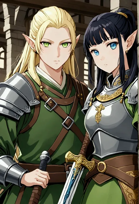 Dwarf girl black hair ponytail hair, blue eyes, leather armor, blacksmith&#39;s hammer accompanied by elf swordsman short blond hair green eyes broadsword, light armor, noble clothes.