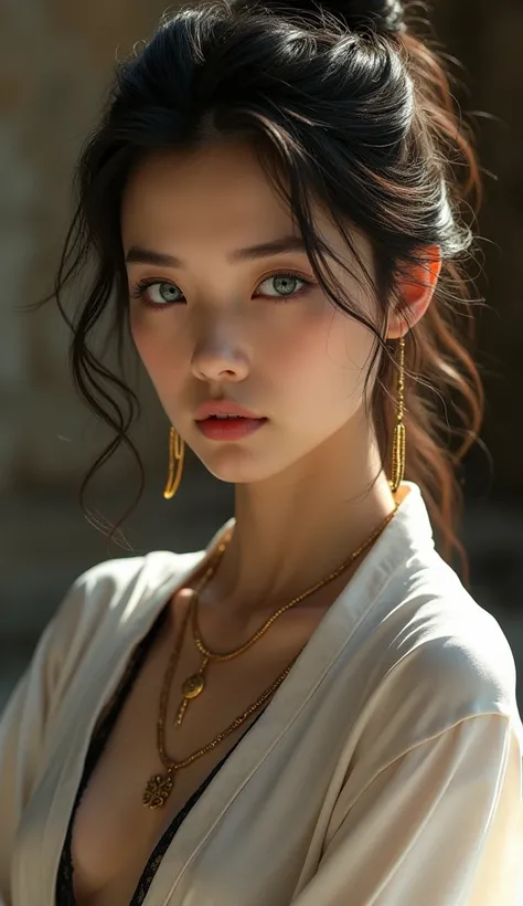 Realistic image Asia Girl with white skin Tousled and wavy brown hair without combing Blue eyed Serious look Wearing ancient Egyptian white silk clothing Black semi-transparent silk shirt Wearing gold bracelets Barefoot, Sexy girl, detailed face, detailed ...