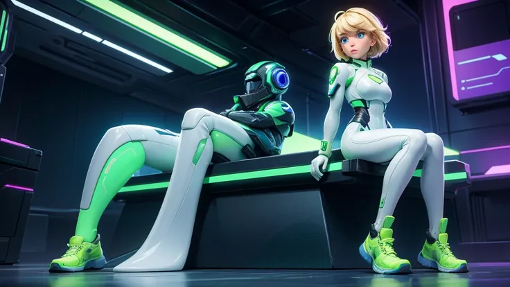 1girl, solo, cyberpunk city night background,   wattson, masterpiece, highly detailed, blue eyes, blonde hair, short hair, Fluorescent green jacket, Rubber Gloss, white rubber skinsuit, Yellow shoes,  white pants,  seated with one leg extended out graceful...