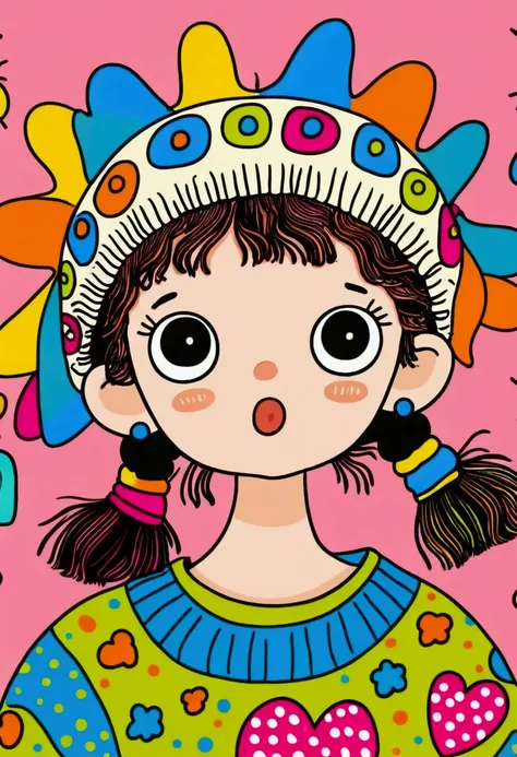 cartoon stick figure：close-up of a little child wearing a colorful sweater and hat, digital art inspired by hikari shimoda, cg s...