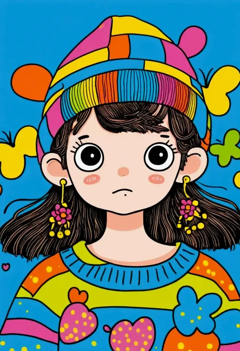 cartoon stick figure：close-up of a little child wearing a colorful sweater and hat, digital art inspired by hikari shimoda, cg s...