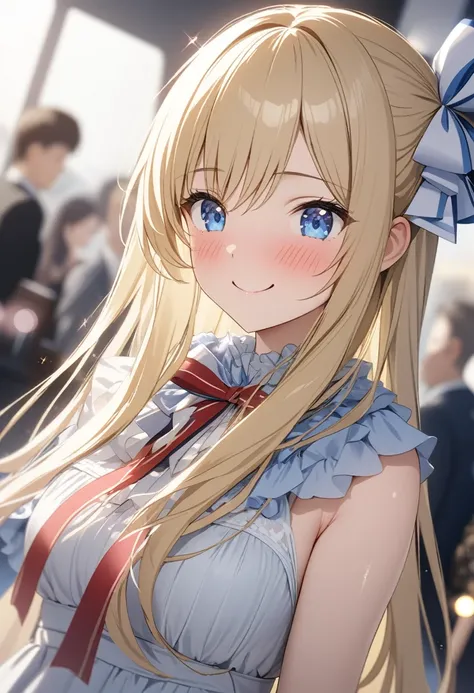 One girl, Long Hair, Blushing, Blonde, blue eyes, ribbon, Dutch Angle, Sparkle Effect, High resolution, masterpiece, Anatomically correct, accurate, Winner of numerous awards, 最高quality, detail, detail, High-resolution model, 高いdetail, 高quality, quality, V...