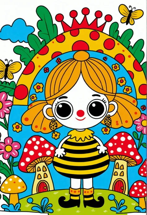 cartoon clown queen,  Queen Bee，Beehive House，mushroom，Coloring Pages, Drawn in a whimsical style, Color illustrations, Coloring Pages, Flower Prince, Coloring