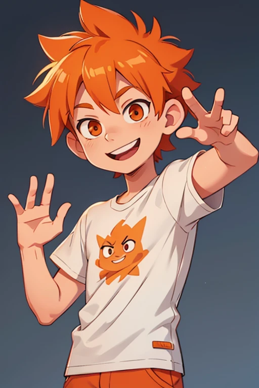 a young man with spiky orange hair, with light orange eyes, with a gray t-shirt, smiling, waving hand