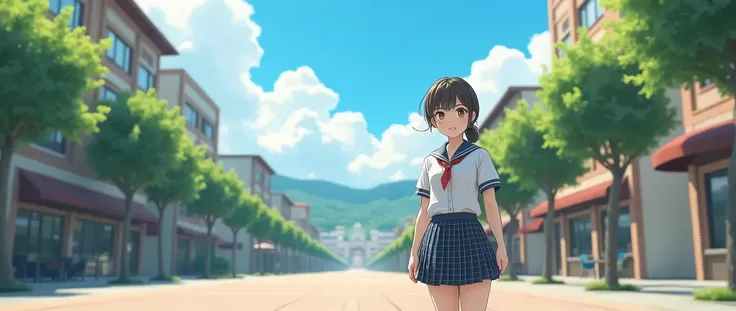 One Girl，(とてもcute女子高生:1.3)，masterpiece，Best Quality，High resolution，(((Photorealistic)))，RAW Photos，Ray Tracing，Physically Based Rendering，beautiful girl，(Age 15:1.4)，cute，(detailed pupils:1.2)，(Walking through the city in early summer:1.3)，Slope，Town on t...