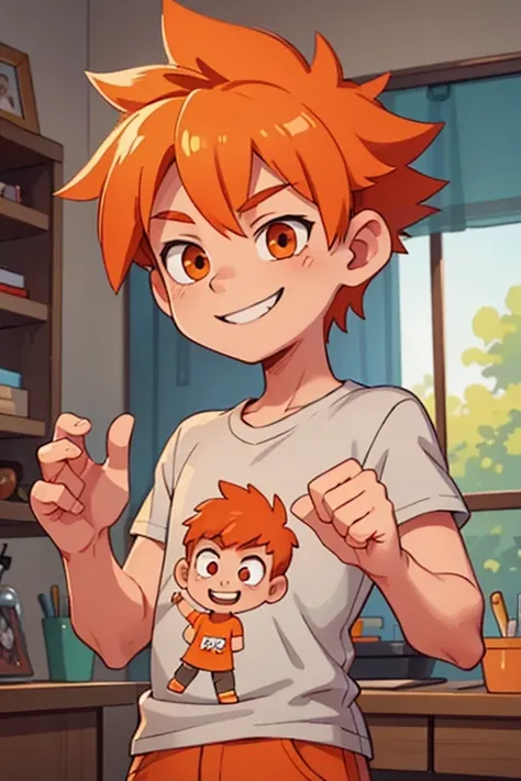 a young man with spiky orange hair, with light orange eyes, with a gray t-shirt, smiling with hands down