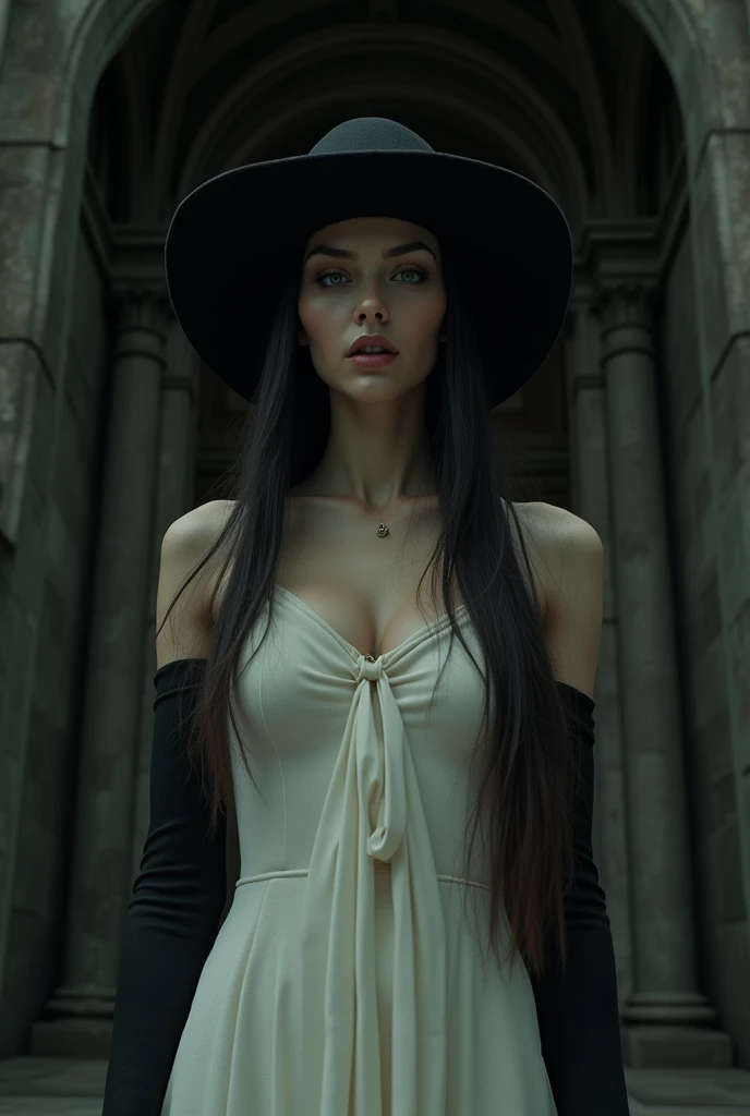 an extremely tall and slender woman, 40 years old, beautiful detailed eyes, beautiful detailed lips, extremely detailed face, long dark hair, very pale skin, extra long fingers, her fingernails are extra long knives, large-brimmed black hat, floor-length s...