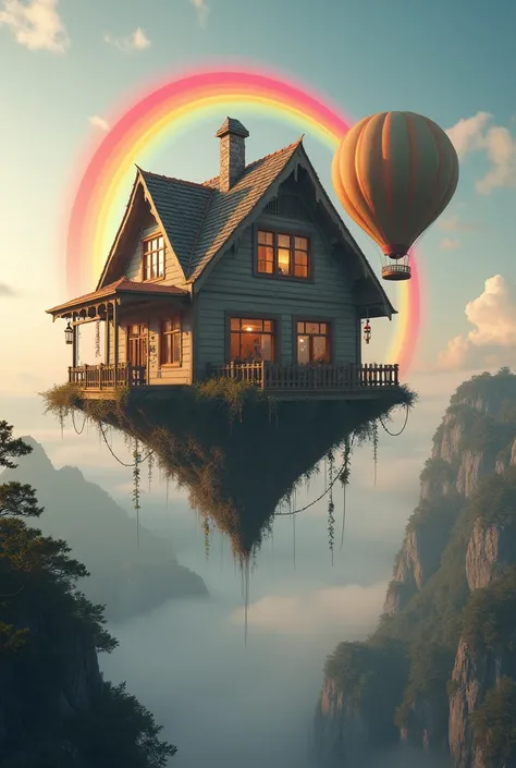 A three story house with large windows is suspended in the sky, a rainbow appears on it, and there is an air balloon floating next to it. The style features soft lighting effects, warm tones, and a frontal perspective that creates a dreamy atmosphere. It w...