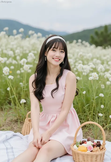 photography of a woman enjoying a picnic in a flower-filled meadow, wearing a light pink sundress and a headband, with her long ...