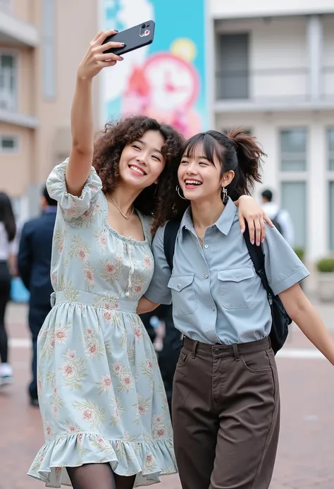 two korean woman taking a selfie in a vibrant city square, the woman with big curls and a bohemian dress, and the man with a mes...