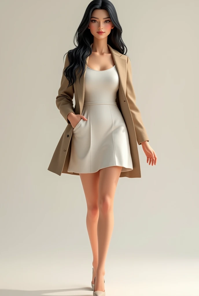 A semi-light-skinned teacher with long black hair. Her dress is entirely white. The dress is short and reaches a little below her knees. She wears a light brown jacket that hugs her body with high  heels. 3d render
