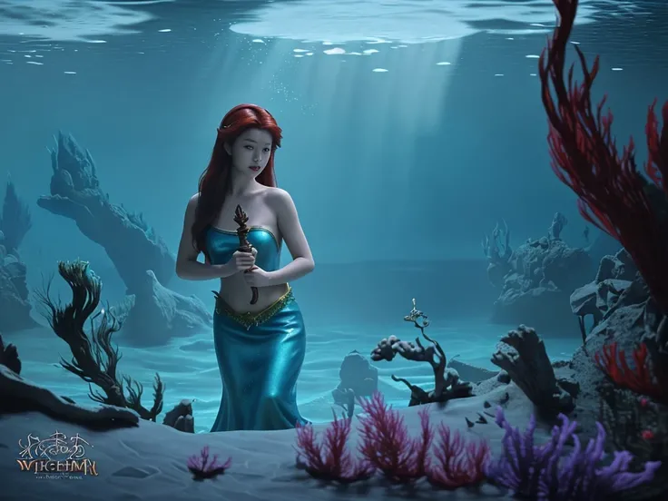 Cinematic, Asian，The Little Mermaid found an ancient artifact in the palace under the sea. Holding the artifact in hand, she prepared to face the witch.[Medium Shot][Underwater][Artifact][Fantasy][CAMERA][Director][Resolute][Soft Lighting][Multicolored]- a...