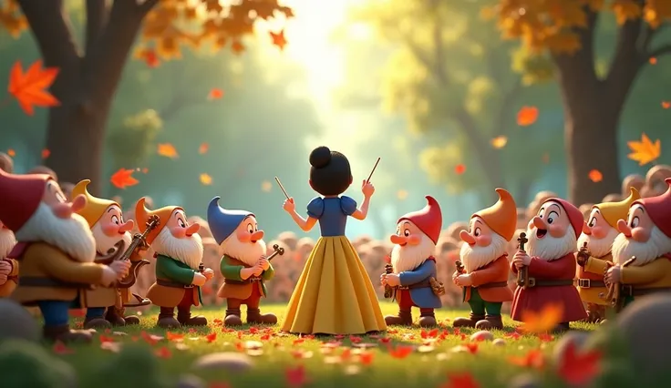 A scene of an orchestra playing in a huge outdoor concert hall rich in nature. A total of 100 characters appear, including Walt Disneys Snow White, the Seven Dwarfs, and animals. A scene featuring Walt Disneys Snow White and the Seven Dwarfs as the main ch...