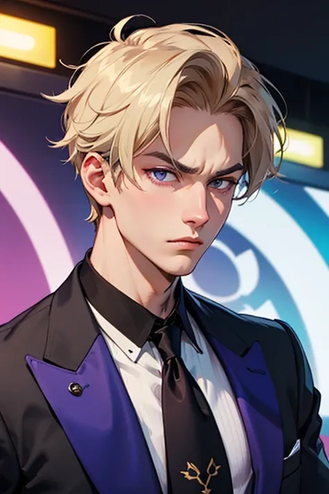 A focused and strategic character with sharp eyes, a serious expression, and sleek, purple,boy