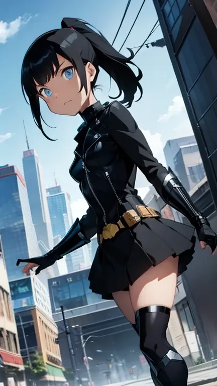 utility belt, combat boots, leather jacket, ponytail, black hair, blue eyes, batman style suit, no cape, cute teenage girl,