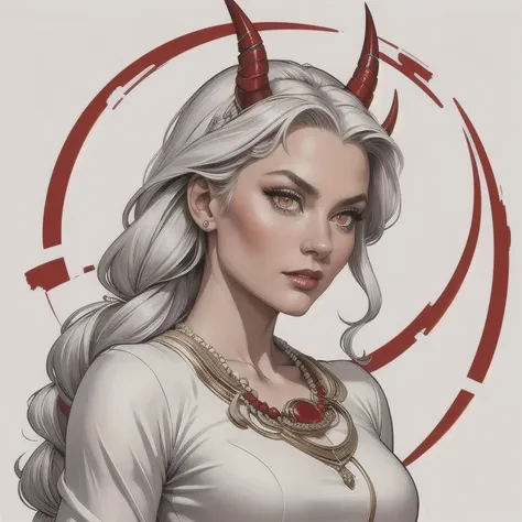 a woman, long braided and detailed hair, human, white background, grey-toned piece, best quality, ultra-high resolution, beautiful, visually stunning, elegant, incredibly detailed, award-winning art, oni horns, redskintone, silver eyes, wearing a white tun...