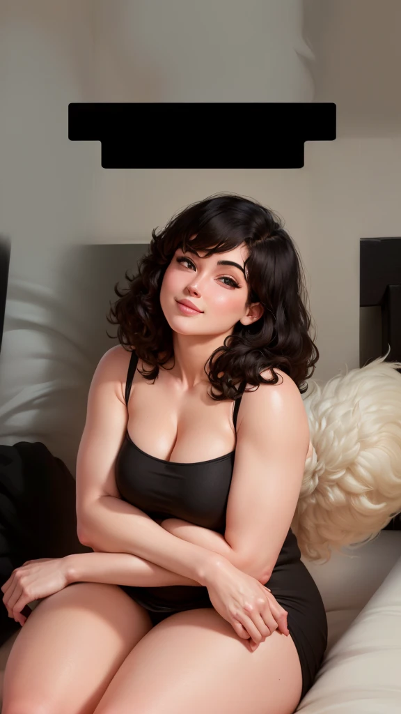 there is a woman sitting on a bed in a black dress, sexy look at the camera, she is wearing a black tank top, seductively looking in front, lovingly looking at camera, sitting on a bed, she is facing the camera, posing in a bedroom, sitting on her bed, she...