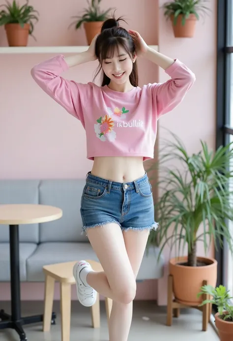 a korean woman jumping in excitement wearing a trendy crop top and high-waisted shorts, her hair in a playful ponytail, beaming ...