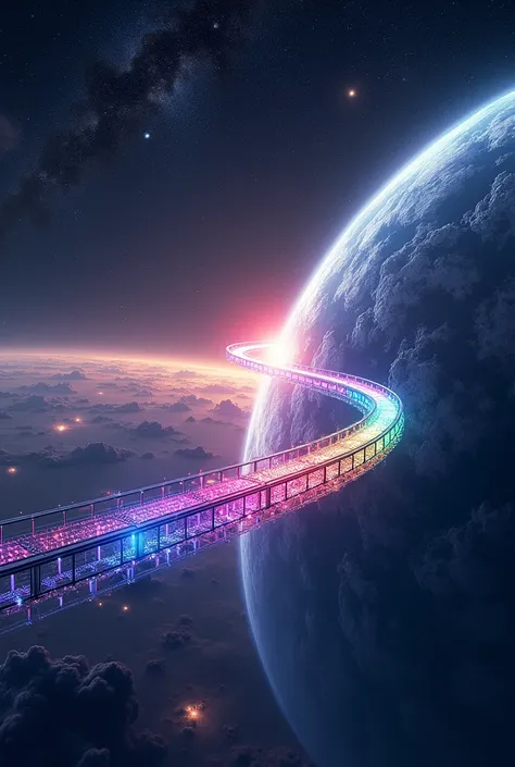 A giant Colorful gradients planar bridge connecting two planets，transparent，Glowing，No piers，Rainbow Colors，Color gradient，Colorful gradients，Magic，fantasy，European mythology，panoramic，High altitude color photography，In the void，galaxy background