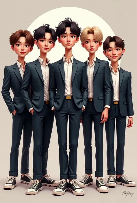 Make  realistic caricature a group of BTS kpop idol,in formal outfit ,sneakers 
