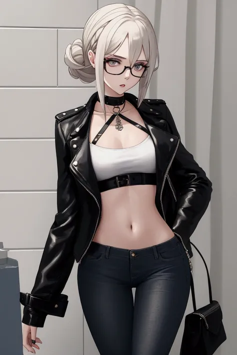 White female age 27 with thin body. Shes wearing glasses, a leather jacket, and skinny jeans, and a chocker. Her hairstyle is an updo.