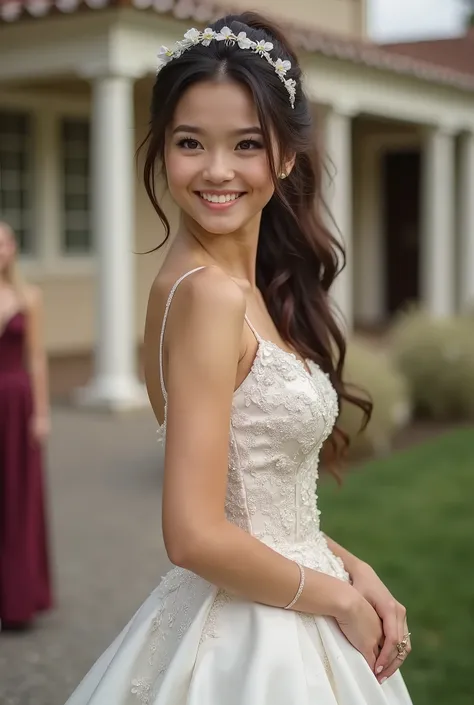 Ultra Realistic shot of a full body portrait of a young brunette 20-year-old Bride with ponytail, headband, Flower in hair, Necklace, smile. She playfully bends in front of the camera in a shiny, metallic satin A-linie weddingdress with straps..., Wedding ...