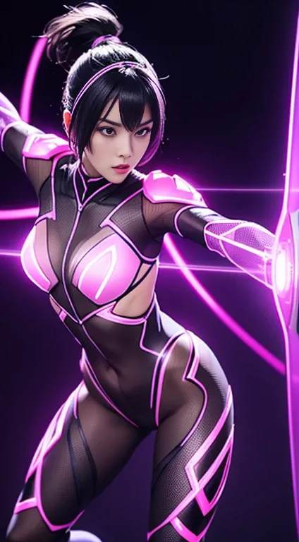 Attractive woman in a clear transparent ninja costume, weapon ,pink neon lights glowing inside, dynamic pose, The background has a faint mist.