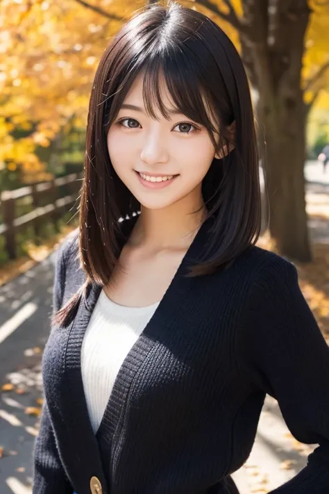 One girl, High resolution, Best Quality, Japanese,Black Hair, Around 20 years old,Shortcuts, chest, smile, Autumn outfit
