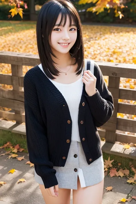 One girl, High resolution, Best Quality, Japanese,Black Hair, Around 20 years old,Shortcuts, chest, smile, Autumn outfit
