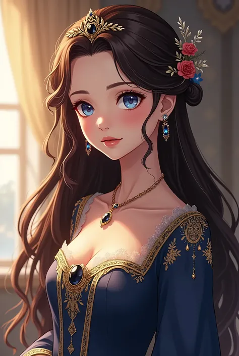 Beautiful Anime Princess More Realistic, She has long dark brown hair, which in certain lights is seen with reddish reflections. Her locks fall in soft waves that frame her face naturally., leaving a few loose strands that enhance her air of carefree elega...