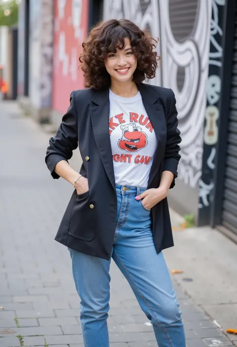 a malaysian woman standing confidently in a stylish blazer over a graphic tee and jeans, her curly hair styled beautifully, smil...