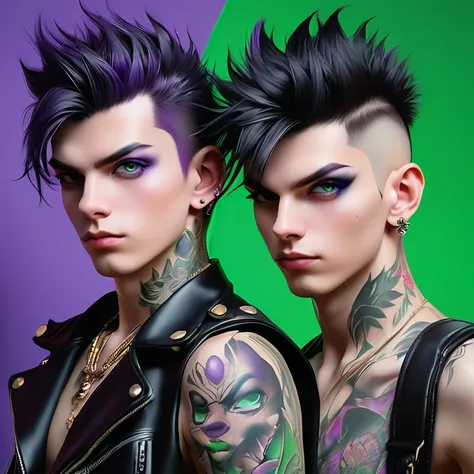 portrait of 2 cute russian boys in the style of alberto seveso ,best quality, very detailed, photorealistic, black hair, punk bo...