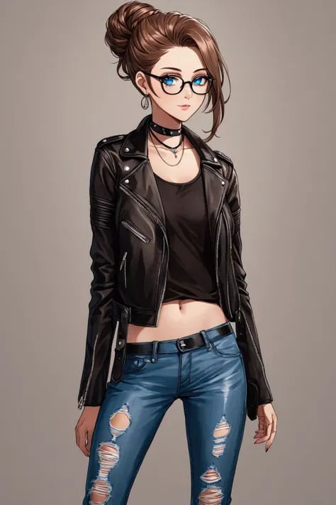 female age 27 with thin body. Shes wearing glasses, a leather jacket, and ripped skinny jeans, and a chocker. Her hairstyle is an updo. Hair color is brown. Her eyes are bright blue. 