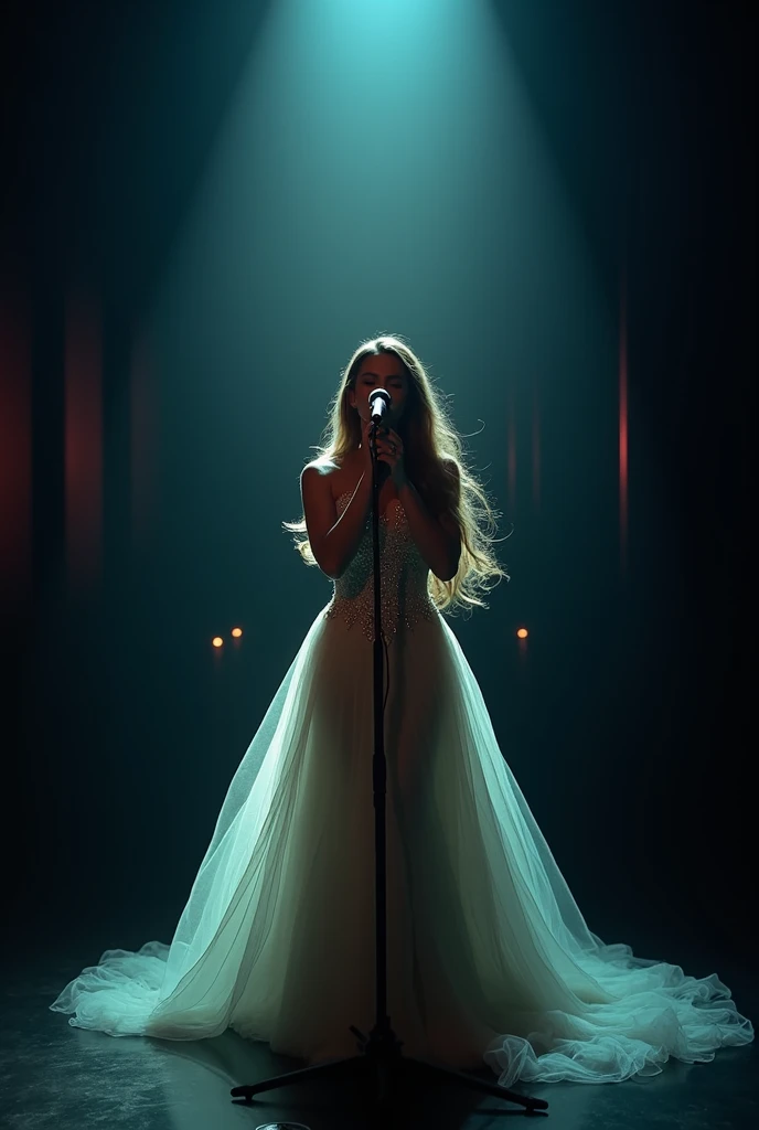 Im singing in the stage at night wearing beautiful gown, with long hair and beautiful look

In front of camera, my face look with microphone (full pict)