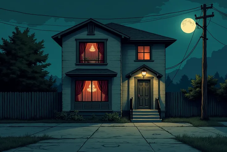 Background scene: house (first floor) door right wing of smooth gray wall (second floor) two large glass windows where you can see a large chandelier inside and long red silk curtains background:moonlit night luminary on the streets of cement the atmospher...