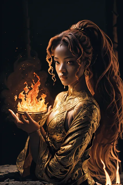 a female warrior composed of the fire element, her translucent face and body glowing with intricate details. Her hair is intertwined with the flames, and she gazes at the cradle of creation with an expression of awe of higher consciousness. The scene is ba...