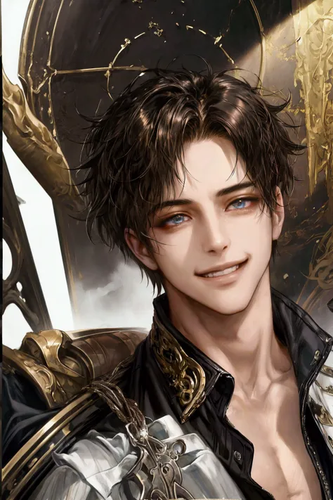 DBfantasyart, masterpiece, 1 , 8k resolution, cinematic rendering of a beautiful sexy male character design, adventurous, elegant, conceptual art, messy hair, short black hair, highly detailed, ironic smile, looking at the camera, extremely detailed eyes, ...