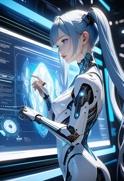 3DCG concept art.Android girl surrounded by holographic interfaces in cybernetic space、The girl has blue hair and twin tails..、Beautiful blue eyes and lips, with beautiful detail、Beautiful and realistic white skin down to the last detail、From the neck down...