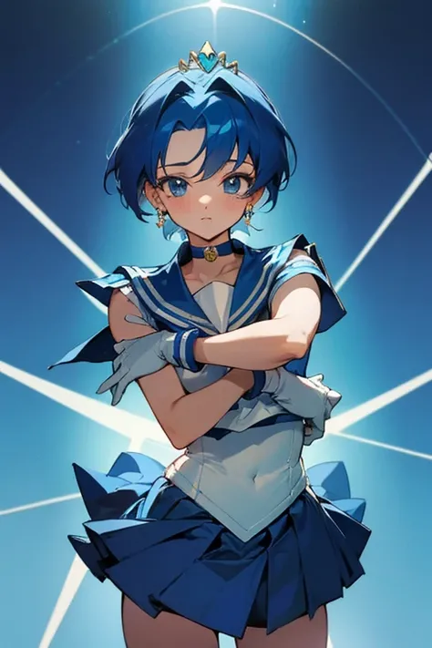 {best quality}, {very aesthetic},(bloom:1.2), ami mizuno, blue eyes, blue hair, short hair, parted bangs,

back bow, blue bow, blue choker, blue sailor collar, blue skirt, bow, choker, earrings, gloves, jewelry, magical girl, miniskirt, pleated skirt, sail...