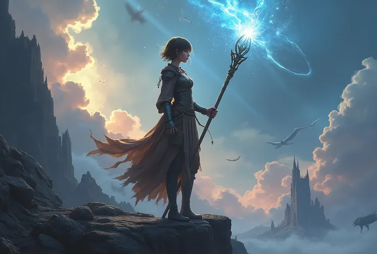 realistic cinematic illustration of a fragile yet powerful young witch sorceress standing on a cliff holding a shining staff, sh...